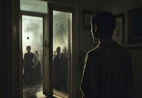 A person standing frozen outside a slightly ajar door, hearing a shocking conversation from within. The scene is dimly lit, focusing on the person's expression of disbelief and hurt. The interior of the room beyond the door shows blurred figures in a social gathering. Mood is tense, melancholic, cinematic, high detail, photorealistic.