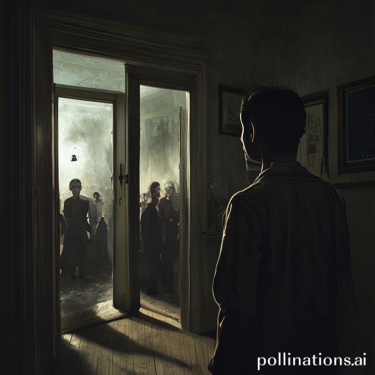 A person standing frozen outside a slightly ajar door, hearing a shocking conversation from within. The scene is dimly lit, focusing on the person's expression of disbelief and hurt. The interior of the room beyond the door shows blurred figures in a social gathering. Mood is tense, melancholic, cinematic, high detail, photorealistic.