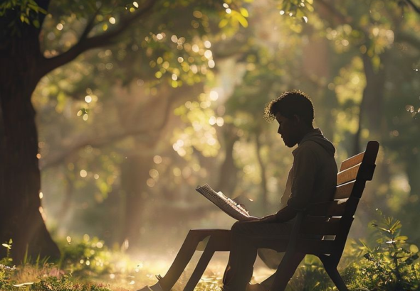 A person sitting alone on a park bench, looking thoughtful and slightly sad, with dappled sunlight filtering through trees, a journal open on their lap, conveying introspection and emotional processing, soft focus background, natural lighting, quiet atmosphere, cinematic, highly detailed, realistic