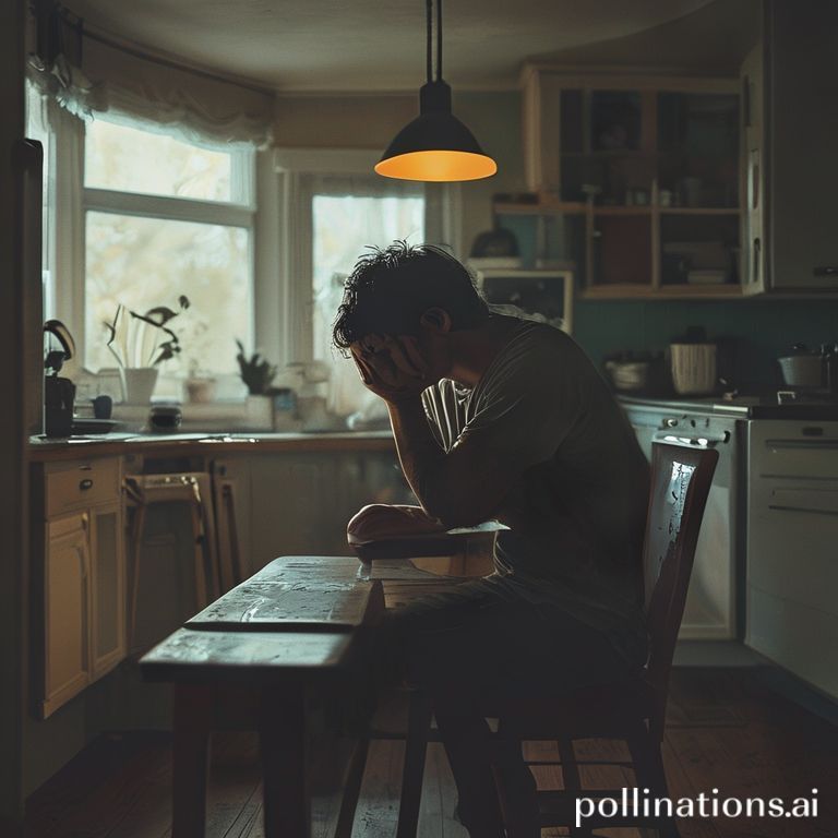 A person sitting alone at a kitchen table, head in hands, looking distressed and conflicted, with a blurry background of a home interior, conveying a sense of isolation and deep thought, soft, muted lighting, cinematic atmosphere, ultra realistic, highly detailed, 8k quality, photorealistic
