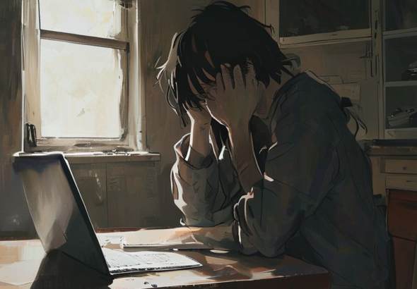 A person looking distressed, sitting at a kitchen table with a laptop open, documents scattered, hands covering their face in anguish. The room is dimly lit, reflecting a sense of confusion and moral dilemma. The style is realistic, melancholic, with soft, natural light filtering through a window, emphasizing the emotional weight of an accidental discovery.