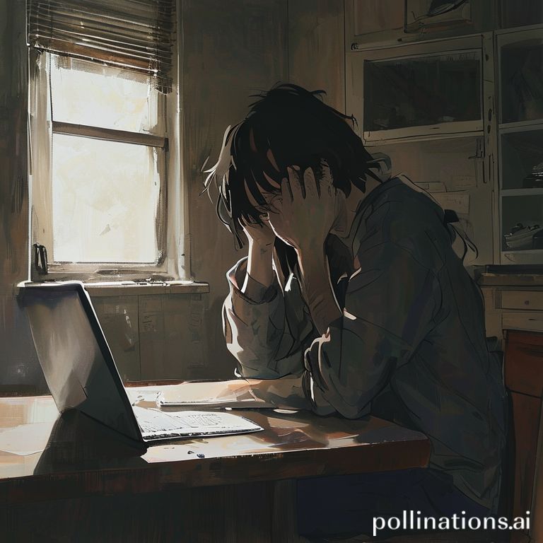 A person looking distressed, sitting at a kitchen table with a laptop open, documents scattered, hands covering their face in anguish. The room is dimly lit, reflecting a sense of confusion and moral dilemma. The style is realistic, melancholic, with soft, natural light filtering through a window, emphasizing the emotional weight of an accidental discovery.