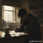 A person sitting alone at a dimly lit kitchen table, head in hands, looking deeply distressed and conflicted. A half-empty coffee mug and scattered papers are on the table. The mood is somber and reflective, with soft, natural light filtering through a window in the background. Cinematic, realistic, high detail, 8k quality, dramatic lighting.