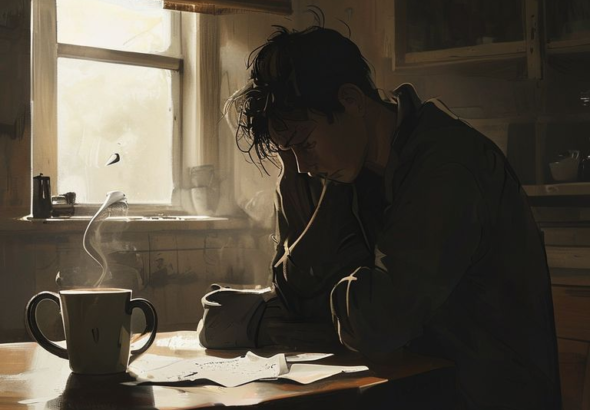 A person sitting alone at a dimly lit kitchen table, head in hands, looking deeply distressed and conflicted. A half-empty coffee mug and scattered papers are on the table. The mood is somber and reflective, with soft, natural light filtering through a window in the background. Cinematic, realistic, high detail, 8k quality, dramatic lighting.