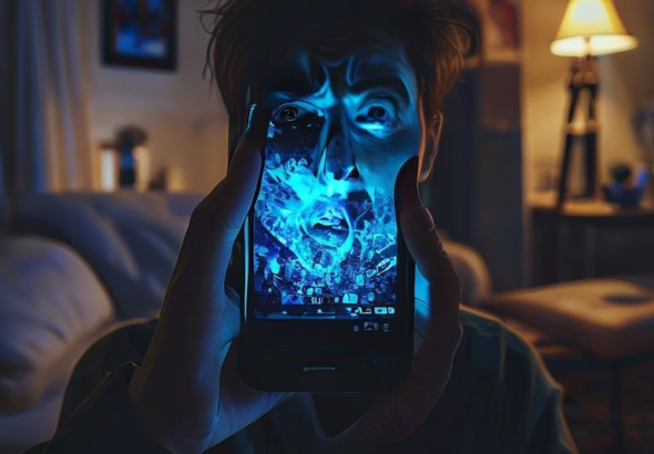 A person's hand holding a sleek, black smartphone, its screen displaying a jumble of blurred messages and images, casting a blue glow on their shocked and slightly pained face. The background is a dimly lit, cozy living room, hinting at a moment of accidental discovery and quiet turmoil. The atmosphere is tense and reflective, with a focus on the emotional impact of the unexpected find. Ultra realistic, highly detailed, dramatic lighting, cinematic atmosphere, 8k quality, photorealistic