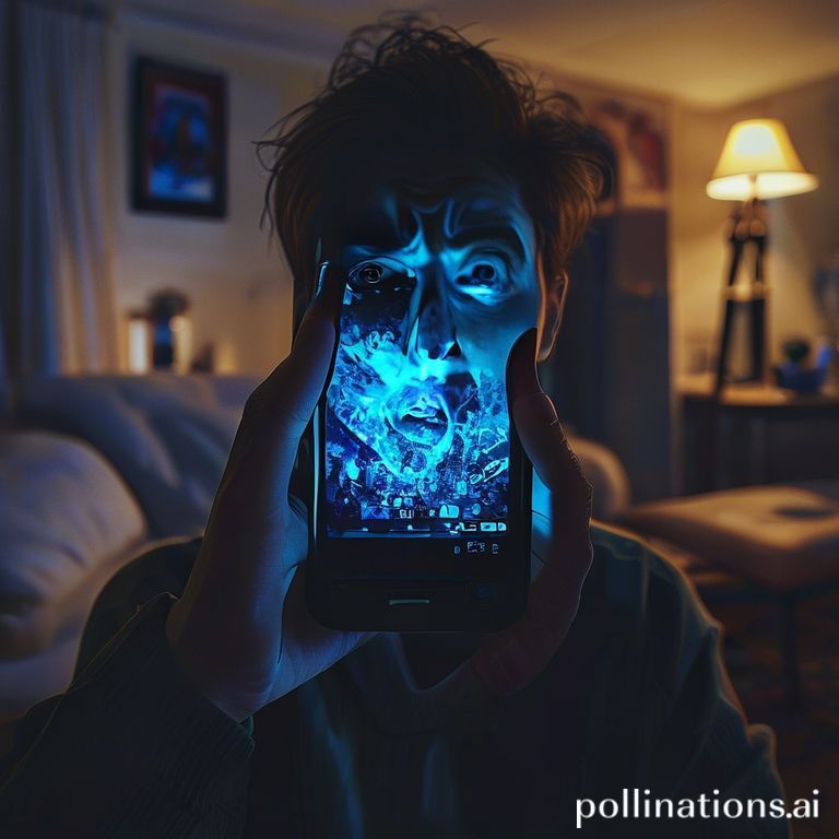 A person's hand holding a sleek, black smartphone, its screen displaying a jumble of blurred messages and images, casting a blue glow on their shocked and slightly pained face. The background is a dimly lit, cozy living room, hinting at a moment of accidental discovery and quiet turmoil. The atmosphere is tense and reflective, with a focus on the emotional impact of the unexpected find. Ultra realistic, highly detailed, dramatic lighting, cinematic atmosphere, 8k quality, photorealistic