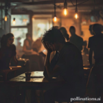 A person sitting alone at a dimly lit table, head in hands, looking distraught and conflicted. The background shows blurred silhouettes of friends laughing and interacting, symbolizing the isolation and the hidden burden of the secret. The mood is somber and reflective, with soft, natural light filtering in, cinematic atmosphere, ultra realistic, highly detailed, 8k quality, photorealistic, accidental discovery, emotional distress