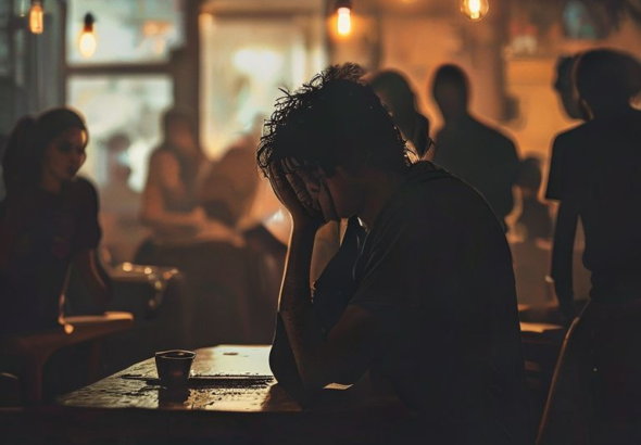 A person sitting alone at a dimly lit table, head in hands, looking distraught and conflicted. The background shows blurred silhouettes of friends laughing and interacting, symbolizing the isolation and the hidden burden of the secret. The mood is somber and reflective, with soft, natural light filtering in, cinematic atmosphere, ultra realistic, highly detailed, 8k quality, photorealistic, accidental discovery, emotional distress
