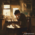 A person sitting alone at a kitchen table, head in hands, surrounded by discarded coffee cups and papers, looking overwhelmed and thoughtful. The morning light streams in, highlighting dust motes, emphasizing a sense of quiet desperation and isolation. Cinematic, realistic, high detail, warm but muted colors.
