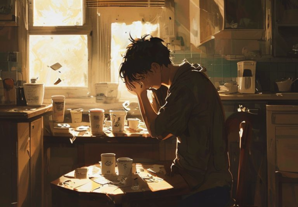 A person sitting alone at a kitchen table, head in hands, surrounded by discarded coffee cups and papers, looking overwhelmed and thoughtful. The morning light streams in, highlighting dust motes, emphasizing a sense of quiet desperation and isolation. Cinematic, realistic, high detail, warm but muted colors.