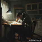 A person sitting alone at a kitchen table, head in hands, looking distraught and burdened by a secret. The room is dimly lit, suggesting a sense of isolation and despair. There are scattered papers and an unopened letter on the table, hinting at financial stress. The overall mood is somber and reflective, capturing the weight of the individual's 'Confession Ive Been' carrying. Cinematic lighting, realistic detail, muted color palette, high resolution.