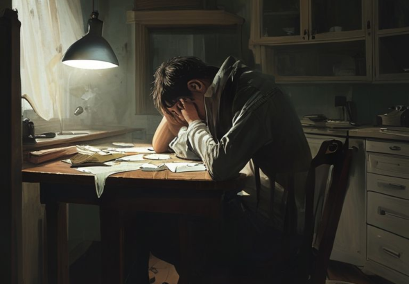 A person sitting alone at a kitchen table, head in hands, looking distraught and burdened by a secret. The room is dimly lit, suggesting a sense of isolation and despair. There are scattered papers and an unopened letter on the table, hinting at financial stress. The overall mood is somber and reflective, capturing the weight of the individual's 'Confession Ive Been' carrying. Cinematic lighting, realistic detail, muted color palette, high resolution.