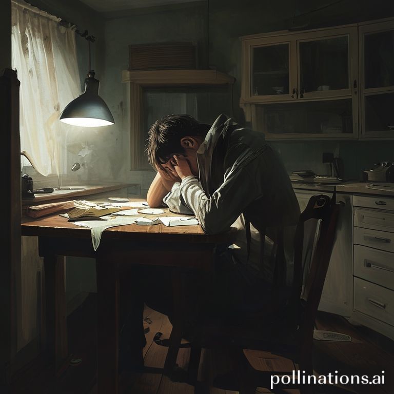A person sitting alone at a kitchen table, head in hands, looking distraught and burdened by a secret. The room is dimly lit, suggesting a sense of isolation and despair. There are scattered papers and an unopened letter on the table, hinting at financial stress. The overall mood is somber and reflective, capturing the weight of the individual's 'Confession Ive Been' carrying. Cinematic lighting, realistic detail, muted color palette, high resolution.