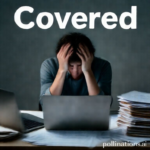 A person sitting alone at a desk, head in hands, dimly lit, conveying stress and the burden of a secret. The desk is cluttered with papers and a laptop, symbolizing work and responsibility. Muted, cool colors, introspective mood, realistic, high detail, 8k quality, cinematic lighting, focus keyword: Covered