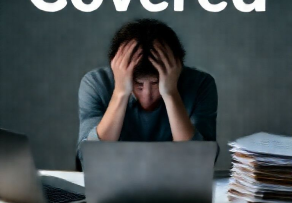 A person sitting alone at a desk, head in hands, dimly lit, conveying stress and the burden of a secret. The desk is cluttered with papers and a laptop, symbolizing work and responsibility. Muted, cool colors, introspective mood, realistic, high detail, 8k quality, cinematic lighting, focus keyword: Covered