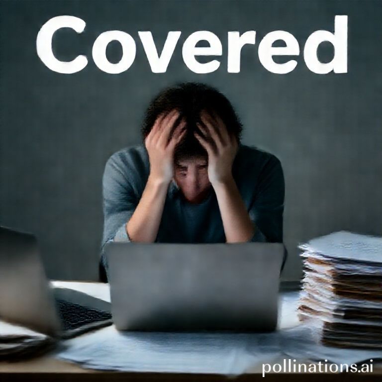 A person sitting alone at a desk, head in hands, dimly lit, conveying stress and the burden of a secret. The desk is cluttered with papers and a laptop, symbolizing work and responsibility. Muted, cool colors, introspective mood, realistic, high detail, 8k quality, cinematic lighting, focus keyword: Covered