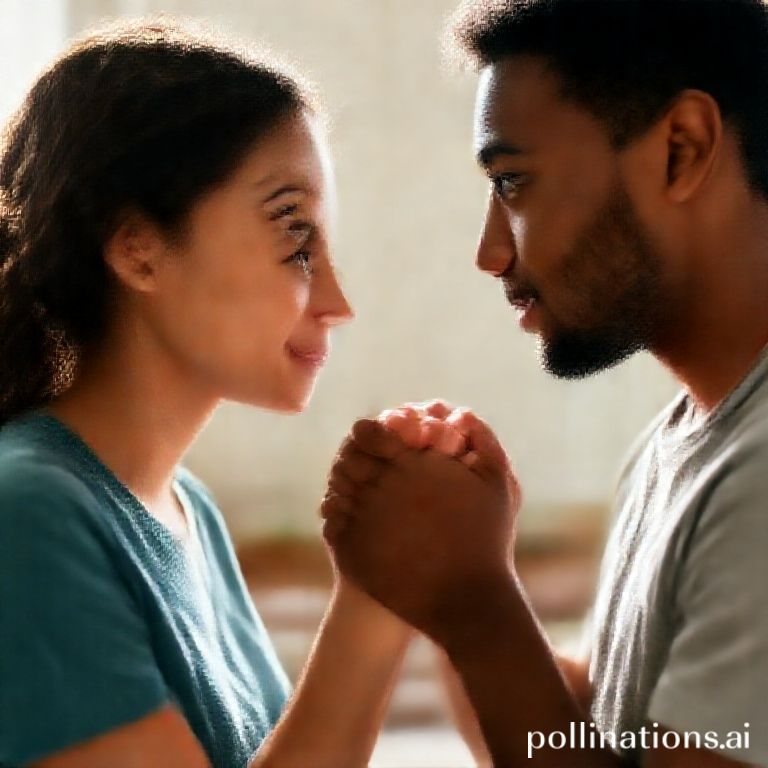 spouse - A diverse couple, one person gently holding the other's hand, looking into each other's eyes with a mix of vulnerabi