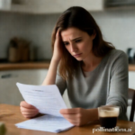 A worried woman sitting at a kitchen table, holding a stack of loan statements, her head in her hand, contemplating a difficult decision. The scene is softly lit, emphasizing her distress and the gravity of the financial documents. A half-empty coffee cup sits beside her, symbolizing a long night of worry, with a blurred background of a cozy but now stressful home environment, cinematic, high detail, realistic, muted tones