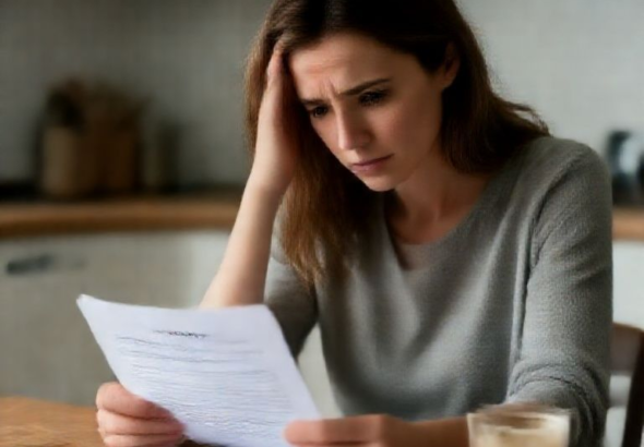 A worried woman sitting at a kitchen table, holding a stack of loan statements, her head in her hand, contemplating a difficult decision. The scene is softly lit, emphasizing her distress and the gravity of the financial documents. A half-empty coffee cup sits beside her, symbolizing a long night of worry, with a blurred background of a cozy but now stressful home environment, cinematic, high detail, realistic, muted tones