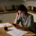 A thoughtful person sitting at a dimly lit kitchen table, looking at their phone with a concerned expression, contemplating a difficult decision. The scene is quiet, with a half-empty coffee mug and scattered papers, conveying a mood of deep reflection and moral questioning. Soft, warm lighting, realistic, cinematic atmosphere, 8k quality.