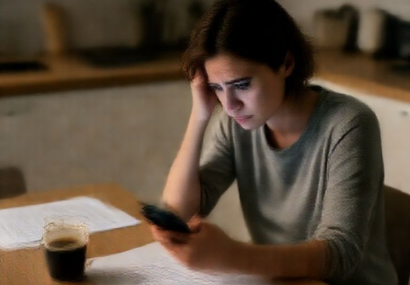 A thoughtful person sitting at a dimly lit kitchen table, looking at their phone with a concerned expression, contemplating a difficult decision. The scene is quiet, with a half-empty coffee mug and scattered papers, conveying a mood of deep reflection and moral questioning. Soft, warm lighting, realistic, cinematic atmosphere, 8k quality.