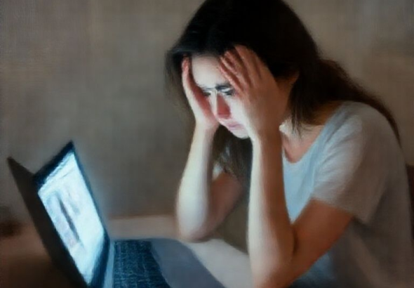 A woman sitting alone in a dimly lit room, holding her head in her hands, looking distressed and overwhelmed. A laptop screen glows faintly in front of her, displaying a blurred social media profile. The mood is melancholic and introspective, with soft, muted colors, suggesting a moment of profound shock and realization. The overall atmosphere feels heavy and reflective, capturing the weight of a seemingly perfect life crumbling.