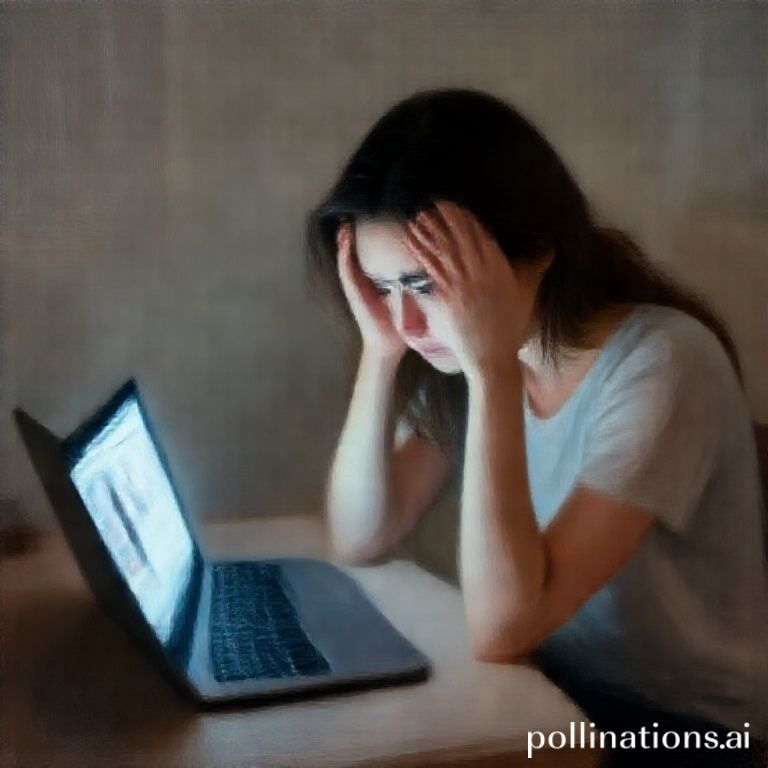 A woman sitting alone in a dimly lit room, holding her head in her hands, looking distressed and overwhelmed. A laptop screen glows faintly in front of her, displaying a blurred social media profile. The mood is melancholic and introspective, with soft, muted colors, suggesting a moment of profound shock and realization. The overall atmosphere feels heavy and reflective, capturing the weight of a seemingly perfect life crumbling.