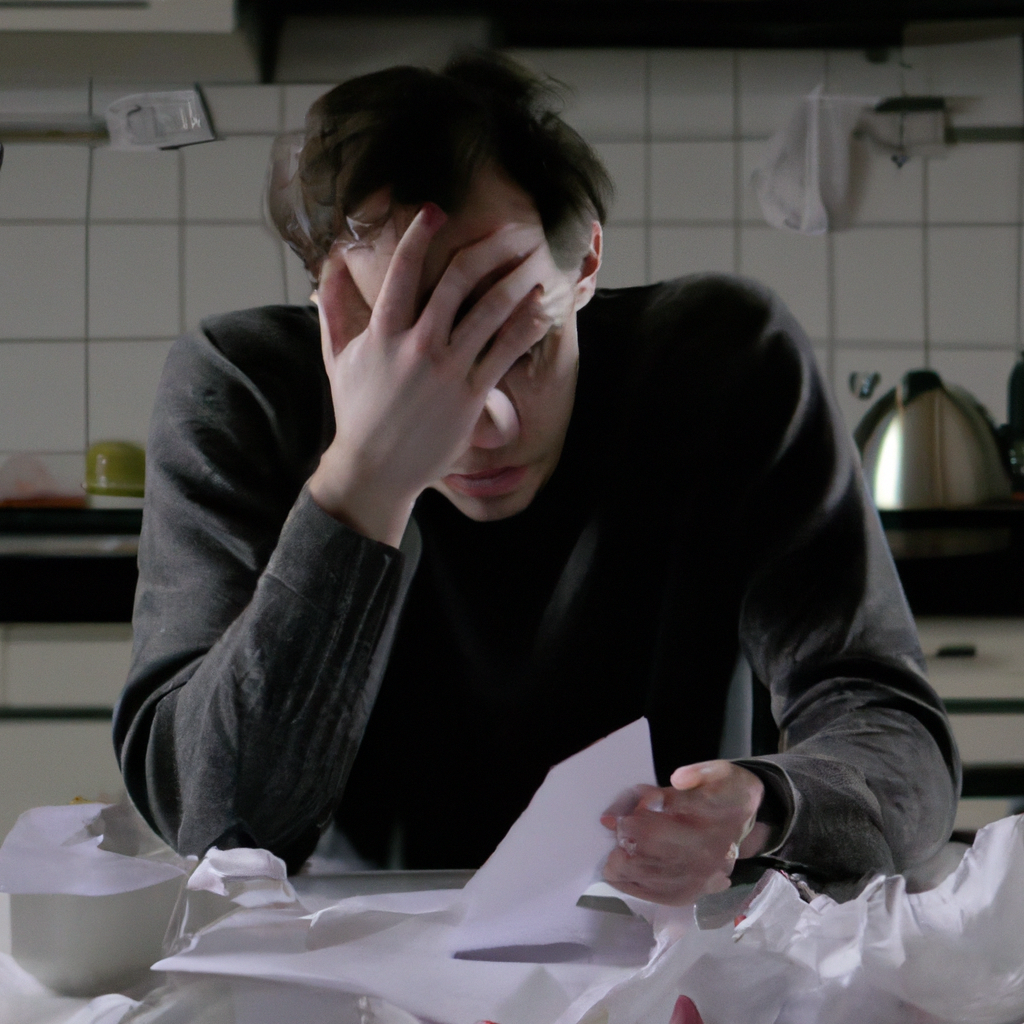 A person looking conflicted, sitting alone at a kitchen table, head in hands, with scattered papers representing financial stress, dim lighting, thoughtful mood, realistic, cinematic atmosphere, 8k quality, photorealistic