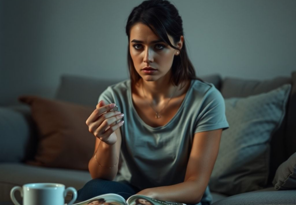 A woman sitting alone in a dimly lit living room, looking distressed and holding a wedding ring loosely in her hand, with a blurred wedding magazine on the coffee table beside her. The atmosphere is somber and reflective, with soft, cool lighting. She wears a simple casual outfit, her expression is one of deep contemplation and sadness. The room features muted colors, a cozy sofa, and a half-empty teacup, conveying a sense of isolation and heartbreak. cinematic atmosphere, ultra realistic, highly detailed, 8k quality, photorealistic, Overheard Fianc His betrayal