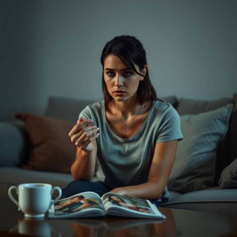 A woman sitting alone in a dimly lit living room, looking distressed and holding a wedding ring loosely in her hand, with a blurred wedding magazine on the coffee table beside her. The atmosphere is somber and reflective, with soft, cool lighting. She wears a simple casual outfit, her expression is one of deep contemplation and sadness. The room features muted colors, a cozy sofa, and a half-empty teacup, conveying a sense of isolation and heartbreak. cinematic atmosphere, ultra realistic, highly detailed, 8k quality, photorealistic, Overheard Fianc His betrayal
