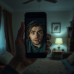 A person's hand holding an old, dark smartphone screen, reflecting a shocked and confused face. The room is dimly lit, suggesting a late-night discovery. The atmosphere is tense and uncertain, with blurred background elements hinting at a familiar home environment now feeling alien, cinematic lighting, ultra realistic, highly detailed, 8k quality, photorealistic