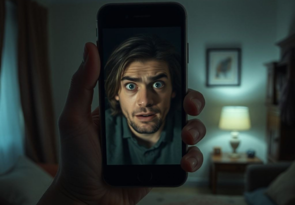 A person's hand holding an old, dark smartphone screen, reflecting a shocked and confused face. The room is dimly lit, suggesting a late-night discovery. The atmosphere is tense and uncertain, with blurred background elements hinting at a familiar home environment now feeling alien, cinematic lighting, ultra realistic, highly detailed, 8k quality, photorealistic