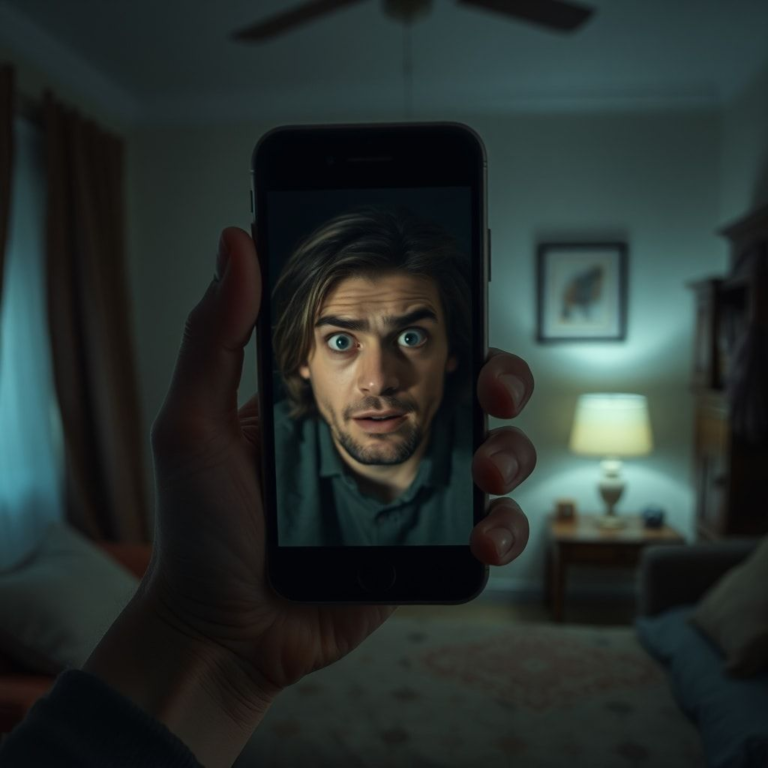 A person's hand holding an old, dark smartphone screen, reflecting a shocked and confused face. The room is dimly lit, suggesting a late-night discovery. The atmosphere is tense and uncertain, with blurred background elements hinting at a familiar home environment now feeling alien, cinematic lighting, ultra realistic, highly detailed, 8k quality, photorealistic