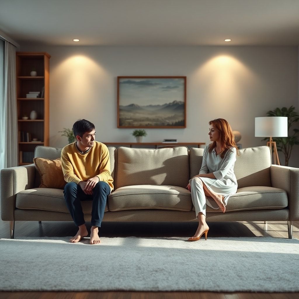 accidentally - A couple sitting on opposite ends of a long, modern sofa in a tastefully decorated living room. Their body lan