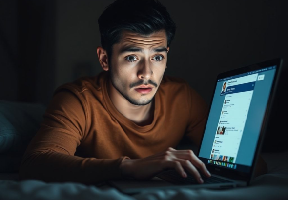 A person looking shocked and confused while using a laptop in a dimly lit room, the screen showing a social media profile, evoking a sense of betrayal and disbelief, high detail, realistic
