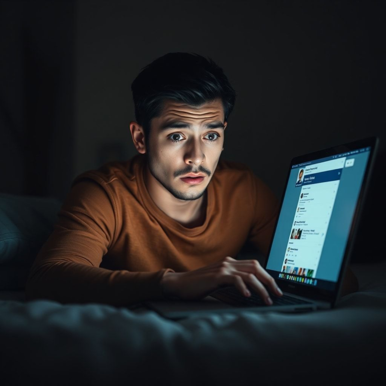 A person looking shocked and confused while using a laptop in a dimly lit room, the screen showing a social media profile, evoking a sense of betrayal and disbelief, high detail, realistic