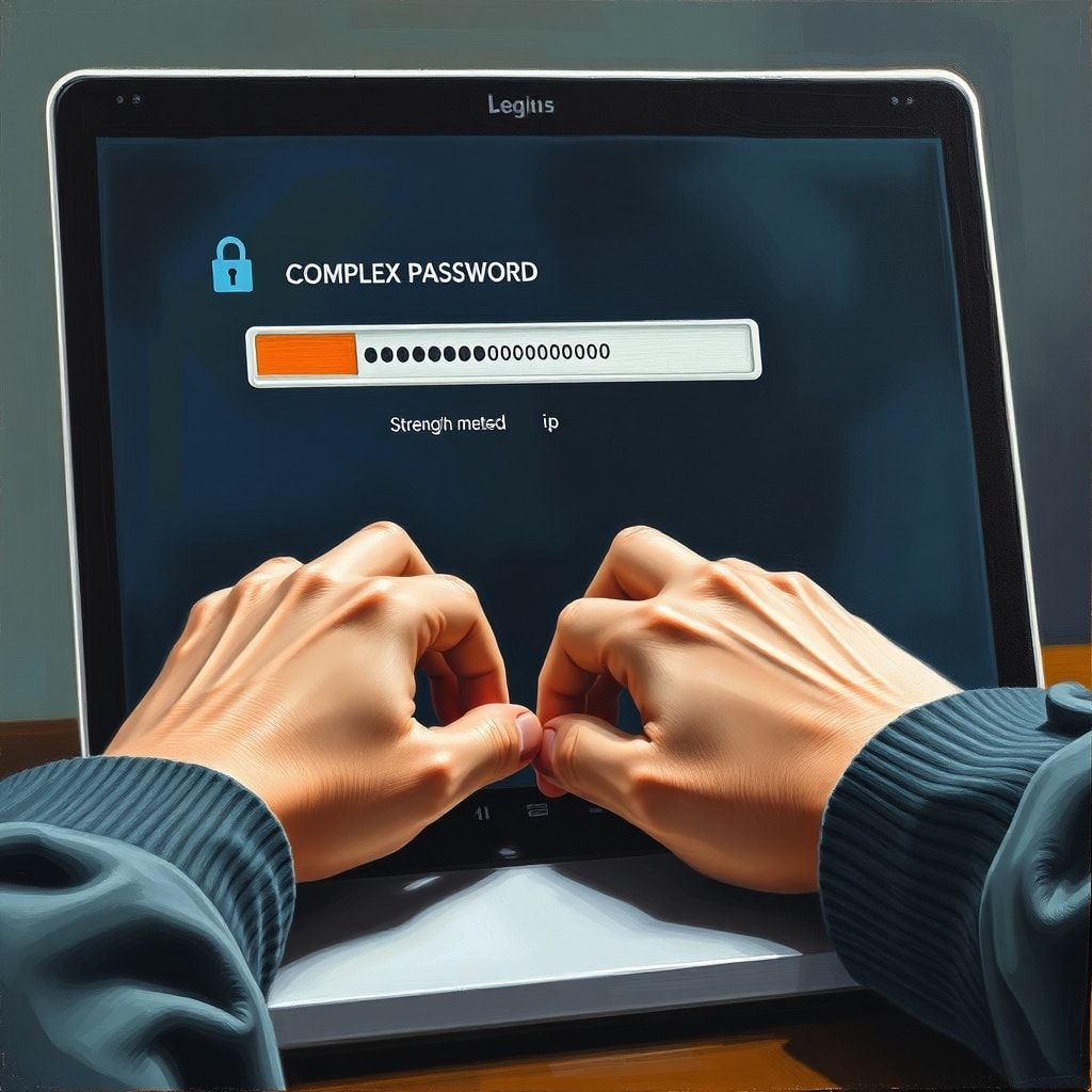 accidentally - Close-up of hands typing on a laptop, setting a complex password, the screen displaying a strength meter filli