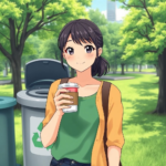 Image of a woman holding a reusable coffee cup, standing in front of a recycling bin, with a lush green park in the background, underlining her commitment to a sustainable lifestyle