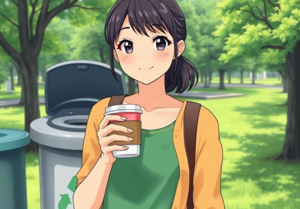 Image of a woman holding a reusable coffee cup, standing in front of a recycling bin, with a lush green park in the background, underlining her commitment to a sustainable lifestyle