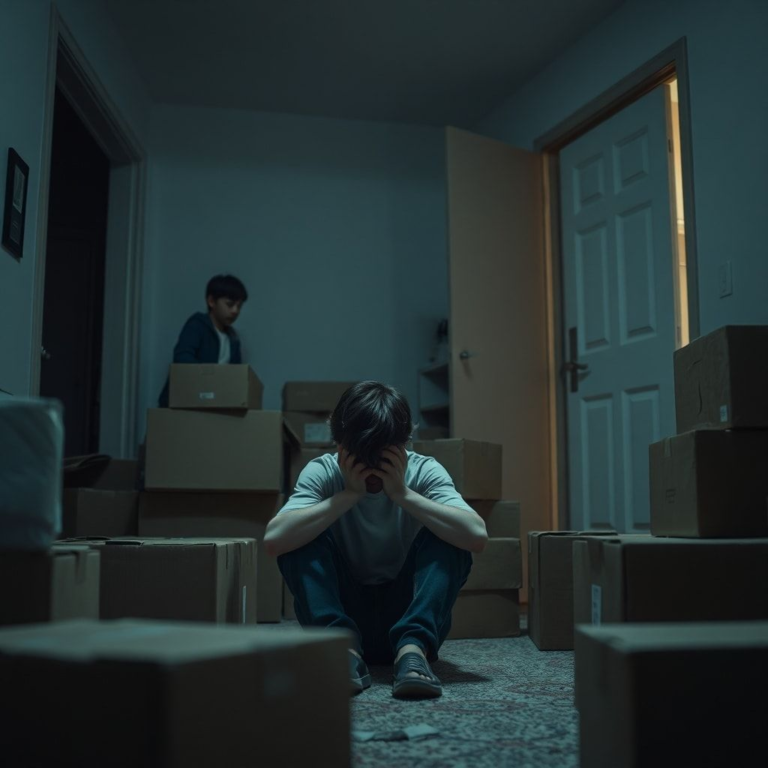 A sibling looking distraught, sitting amidst moving boxes in a dimly lit, sparsely furnished apartment, head in hands, while another sibling watches from a doorway with a look of deep regret and concern. The mood is somber and melancholic, with cool, muted colors, realistic, detailed, cinematic lighting, 8k quality, photorealistic