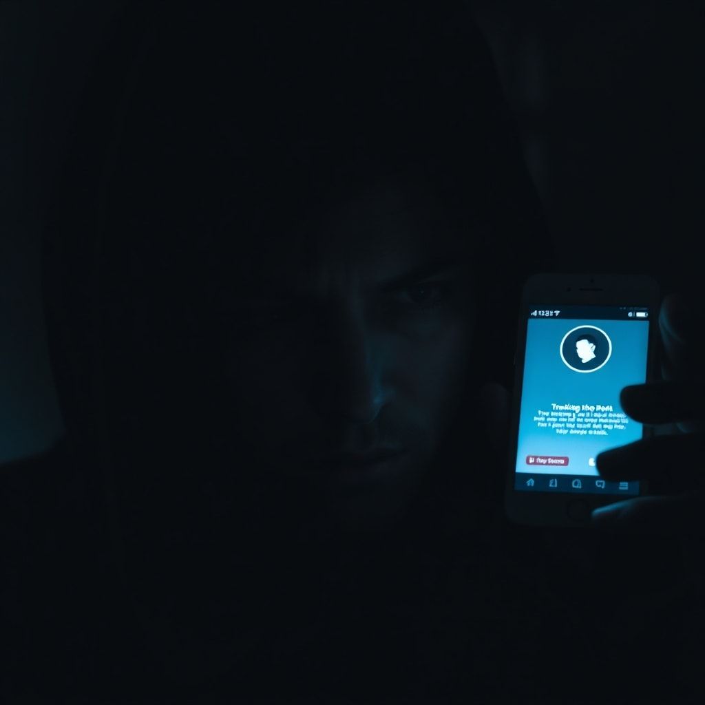 A person's face hidden in shadows, illuminated by the cold glow of a smartphone screen displaying a tracking app, their expression a mix of anxiety and guilt, in a dimly lit room, focusing on the emotional toll of secret surveillance, cinematic atmosphere, dark color palette, highly detailed, realistic