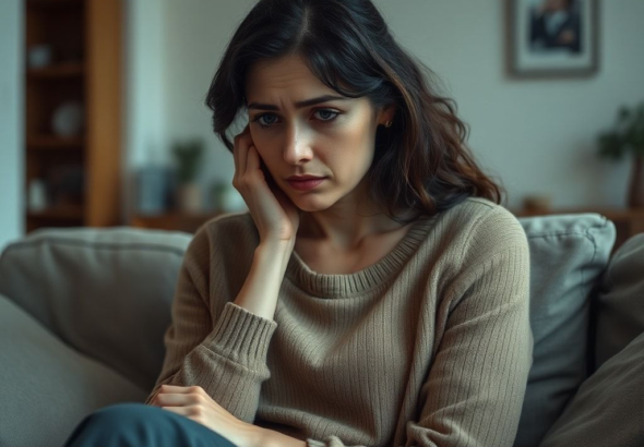 A woman sitting alone on a sofa, looking distressed and deep in thought, with a blurred background suggesting a home environment. The mood is somber and reflective, with soft, natural light, realistic, highly detailed, cinematic, 8k quality, photorealistic. Focus on emotional impact and the need for relationshipadvice.