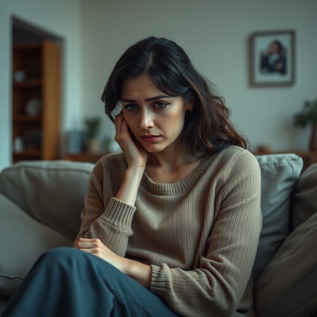 A woman sitting alone on a sofa, looking distressed and deep in thought, with a blurred background suggesting a home environment. The mood is somber and reflective, with soft, natural light, realistic, highly detailed, cinematic, 8k quality, photorealistic. Focus on emotional impact and the need for relationshipadvice.