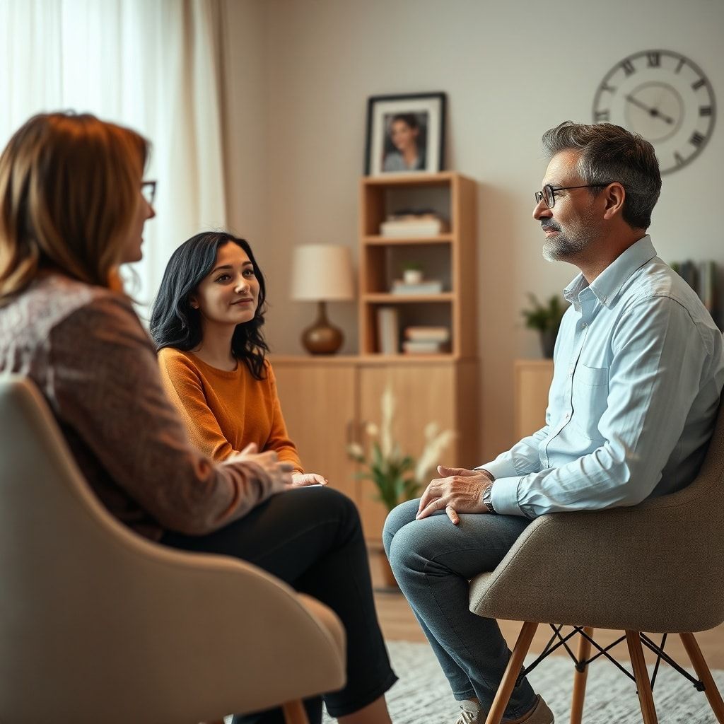 A couple sitting across from a compassionate therapist in a warm, inviting office setting, engaged in deep conversation. The