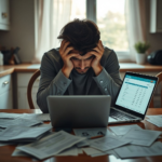 A person sitting alone at a kitchen table, head in hands, looking distraught and overwhelmed, surrounded by scattered financial documents and a laptop displaying bank statements, soft morning light filtering through a window, melancholic atmosphere, highly detailed, photorealistic