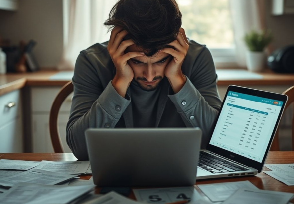 A person sitting alone at a kitchen table, head in hands, looking distraught and overwhelmed, surrounded by scattered financial documents and a laptop displaying bank statements, soft morning light filtering through a window, melancholic atmosphere, highly detailed, photorealistic