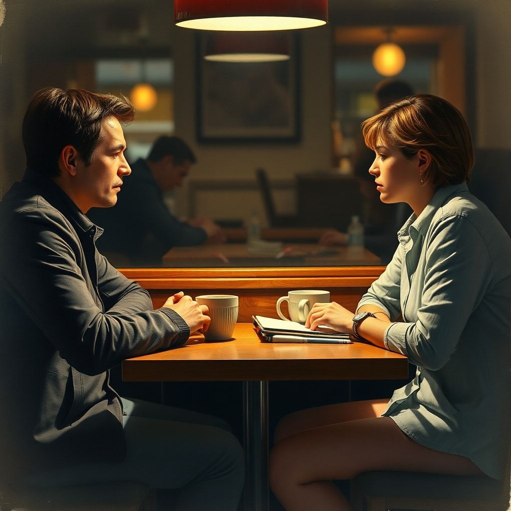 just - Two people sitting across from each other at a dimly lit coffee shop table, one looking pensive and serious, the other