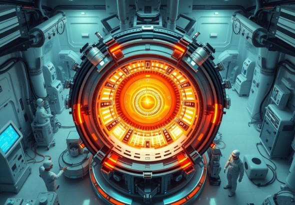 A futuristic, sleek fusion reactor glowing with internal energy, surrounded by advanced scientific instruments and engineers in a clean lab environment, dramatic lighting, highly detailed, 8k quality, conceptual art, photorealistic