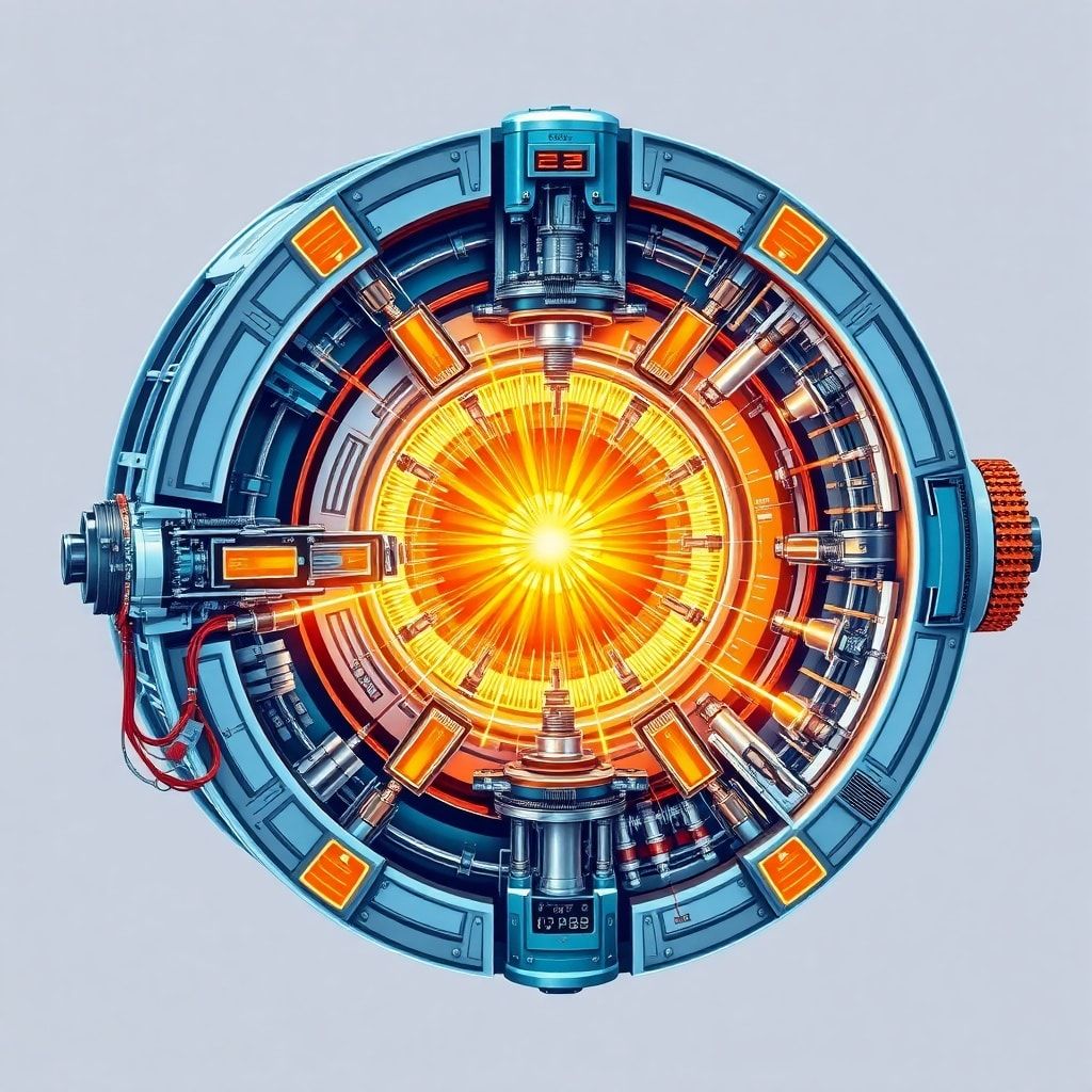 breakthrough - A detailed cutaway diagram of a futuristic tokamak fusion reactor, showing the superheated plasma contained by