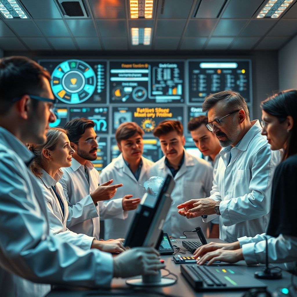 breakthrough - A diverse group of scientists and engineers from various backgrounds collaborating in a control room, looking